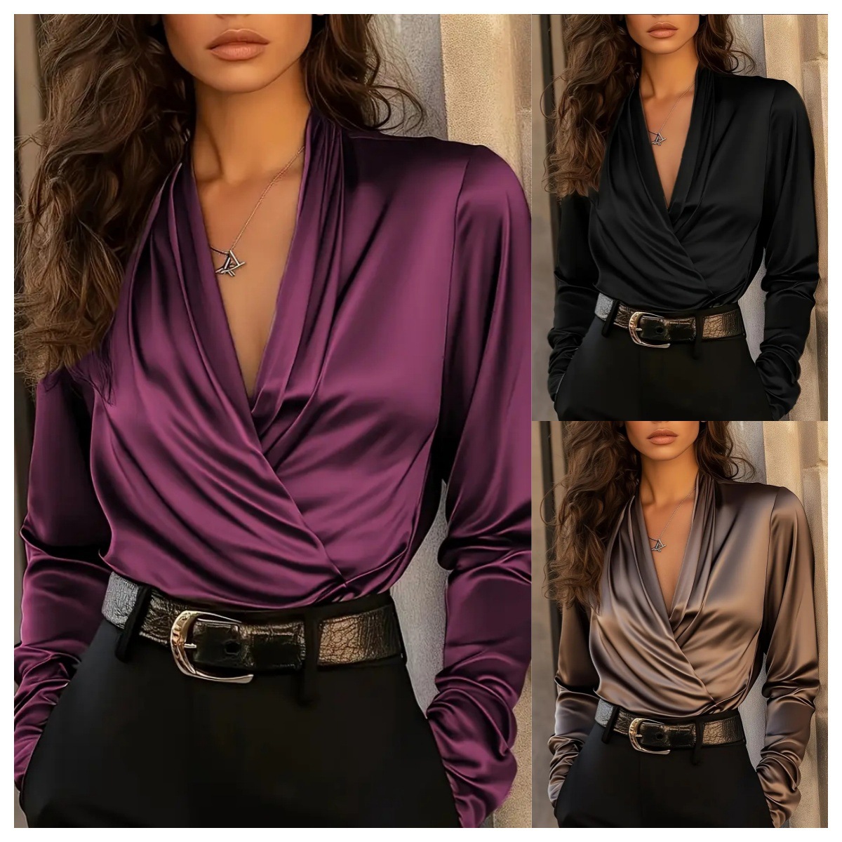 Women Formal Blouses For Evening Wear - Women's Satin Wrap V Neck Long