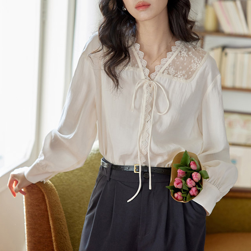 Women Formal Blouses For Evening Wear - Long Sleeve Shirts Womens Satin Stand