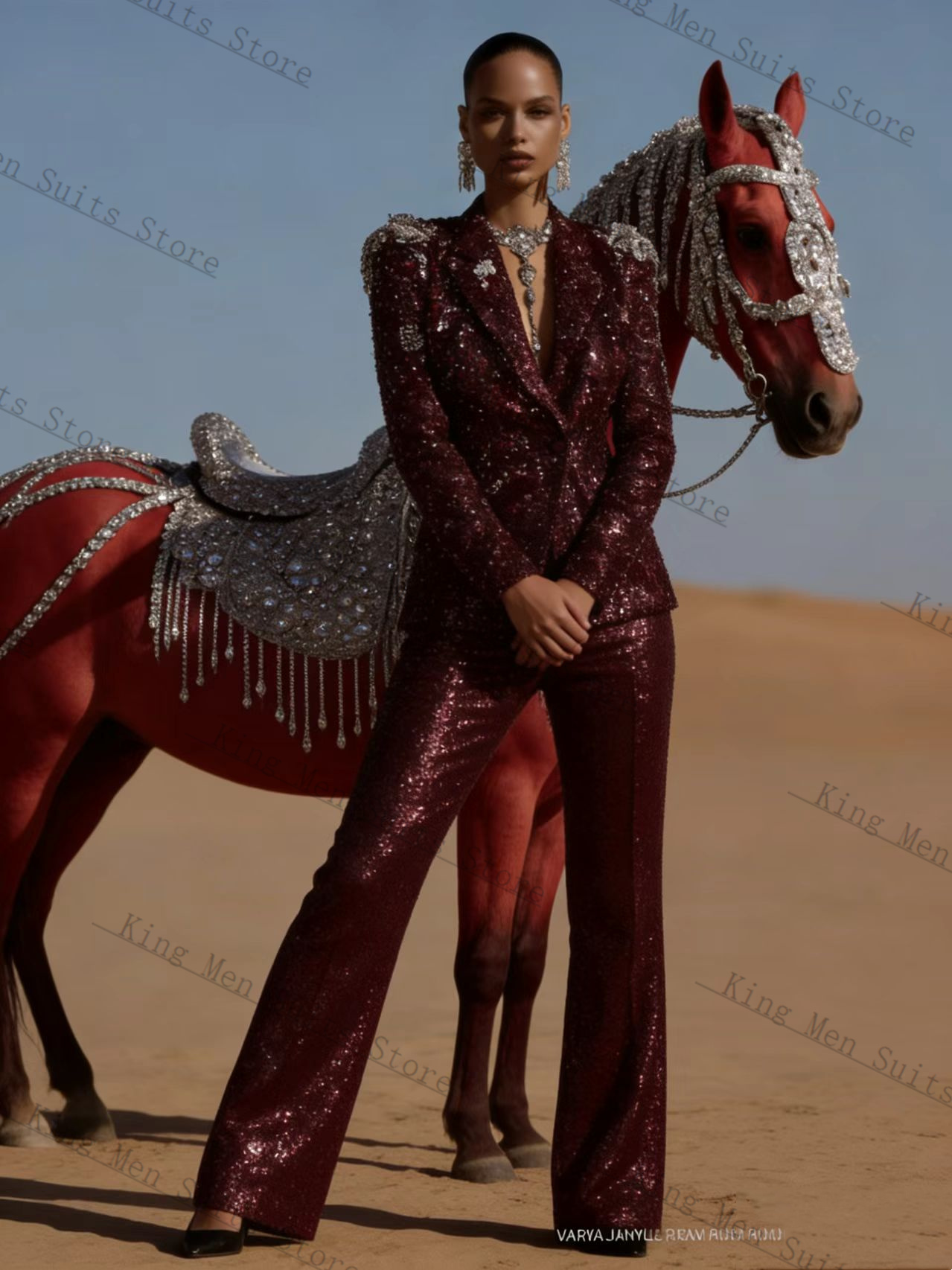 Burgundy Shiny Women Suit Set  - Women'S Formal Wear For Wedding Guest ulasan dan harga