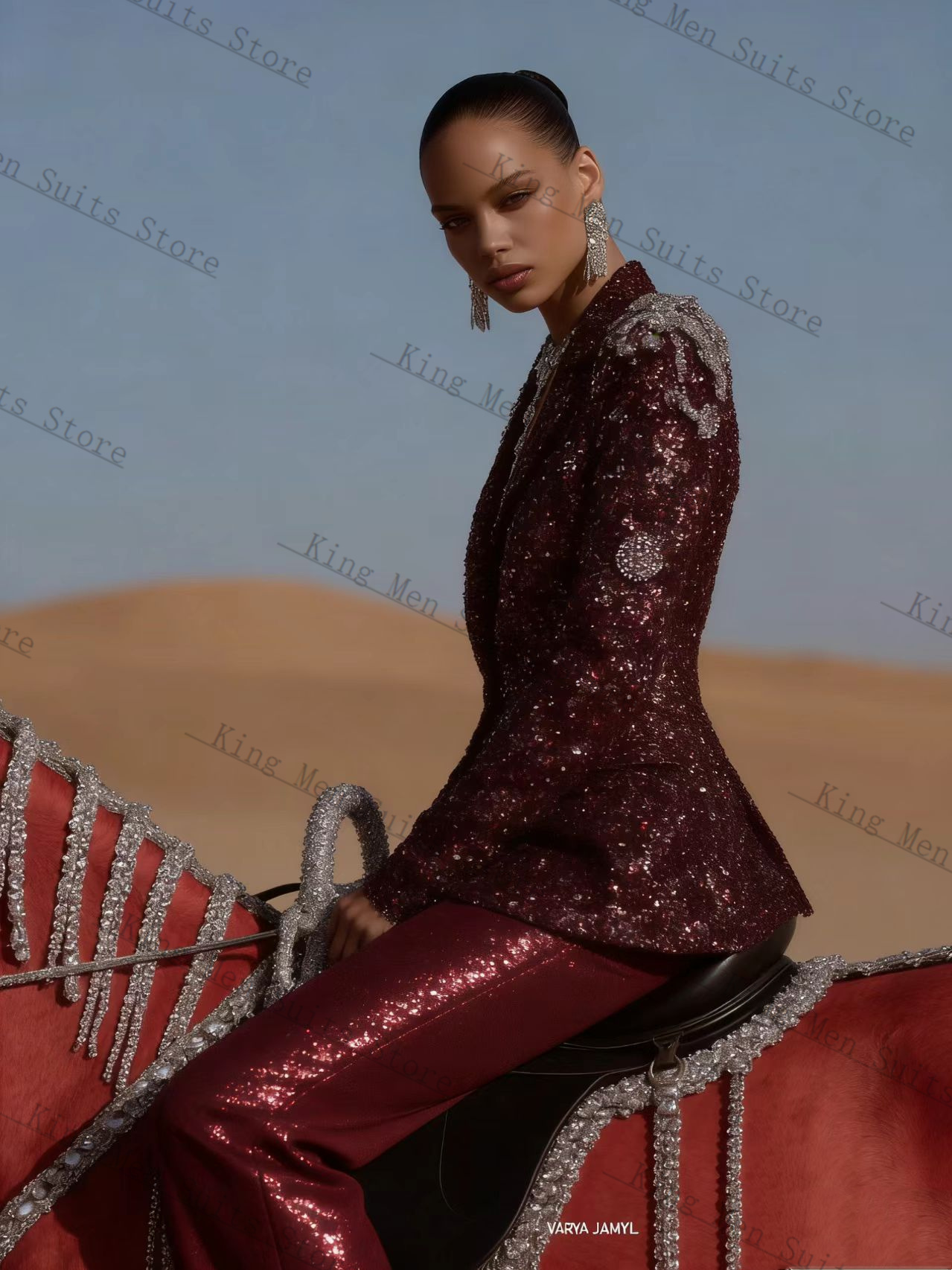 Burgundy Shiny Women Suit Set  - Women'S Formal Wear For Wedding Guest ulasan dan harga