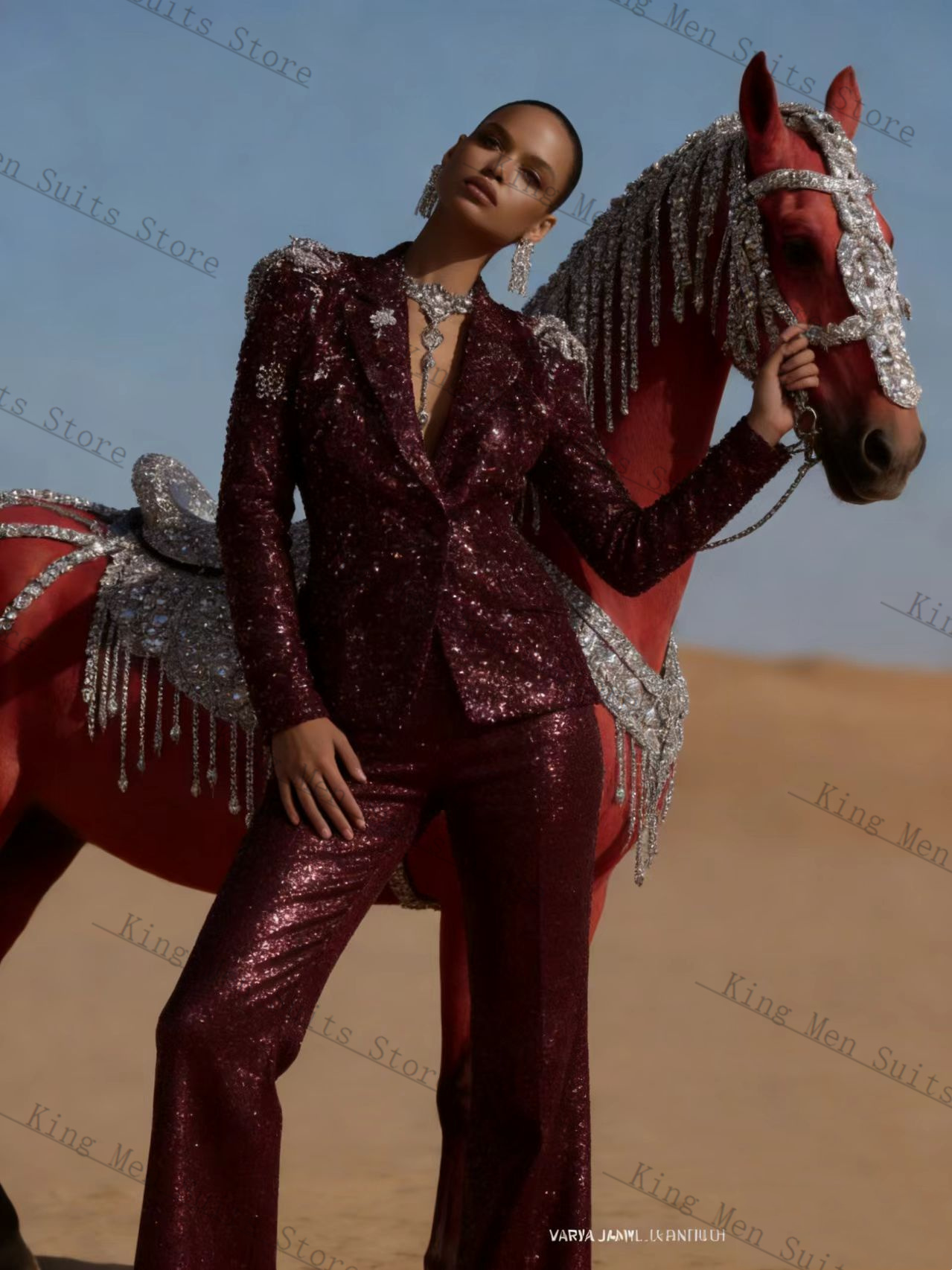 Burgundy Shiny Women Suit Set  - Women'S Formal Wear For Wedding Guest ulasan dan harga