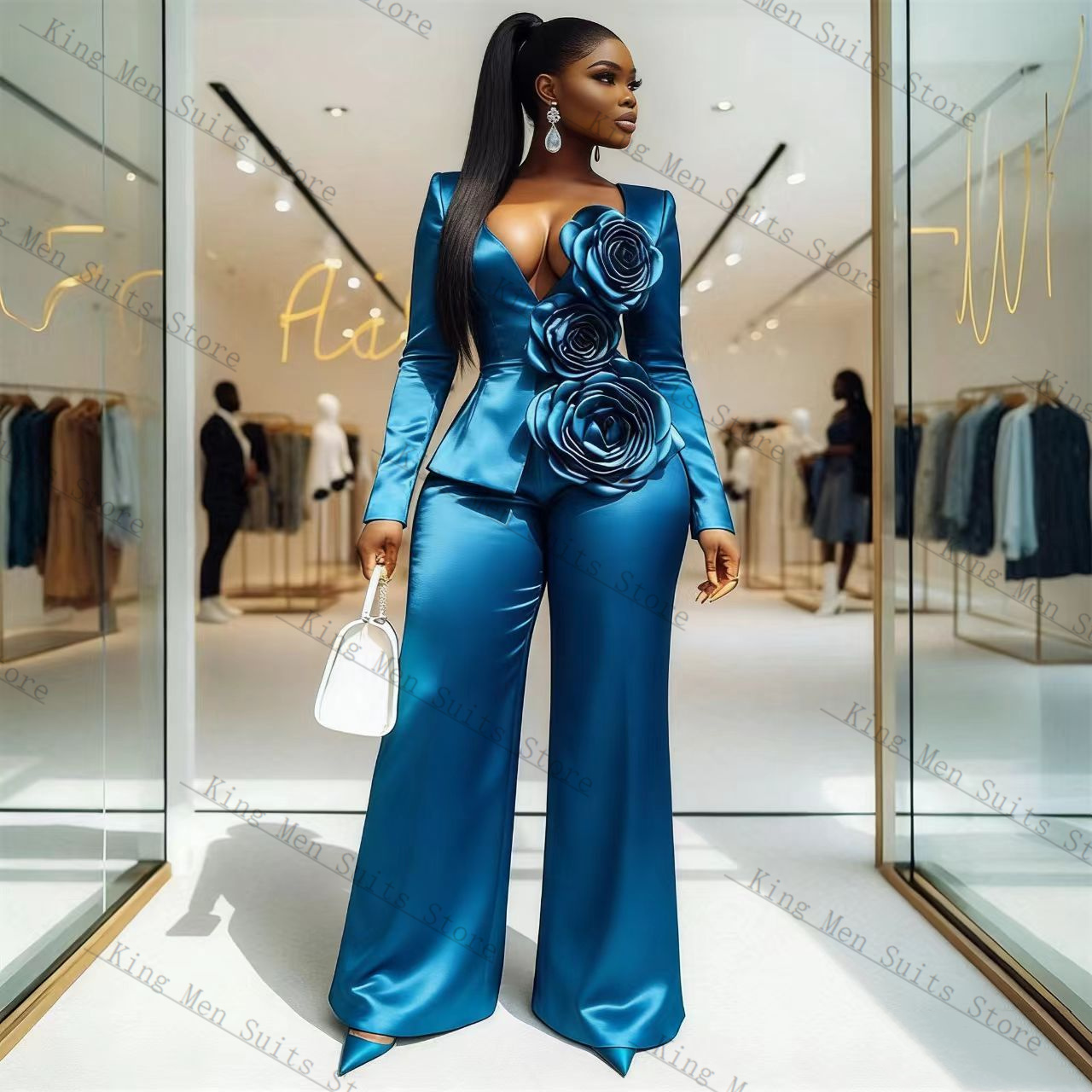 Blue Satin Women Suit Set 2 Pc - Women'S Formal Wear For Wedding Guest ulasan dan harga