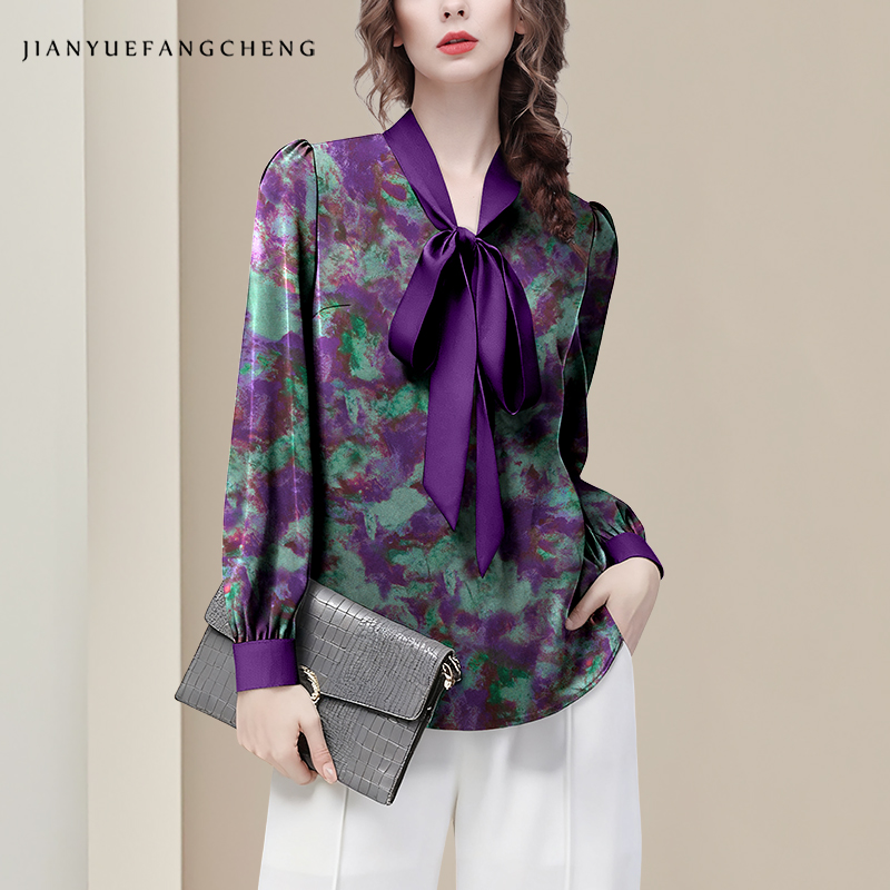 Purple Floral Elegant Satin Bl - Women Formal Blouses For Evening Wear ulasan dan harga